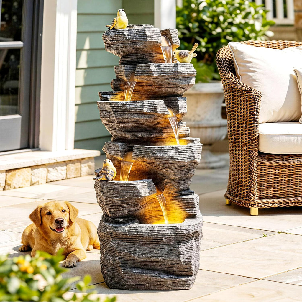 40' H Extra-Large Rock Outdoor Water Fountain with LED Lights, 6-Tier Cascading Stone Waterfall with Birds for Garden Patio Porch, Weather-Resistant Polyresin Water Feature for Tranquil Oasis
