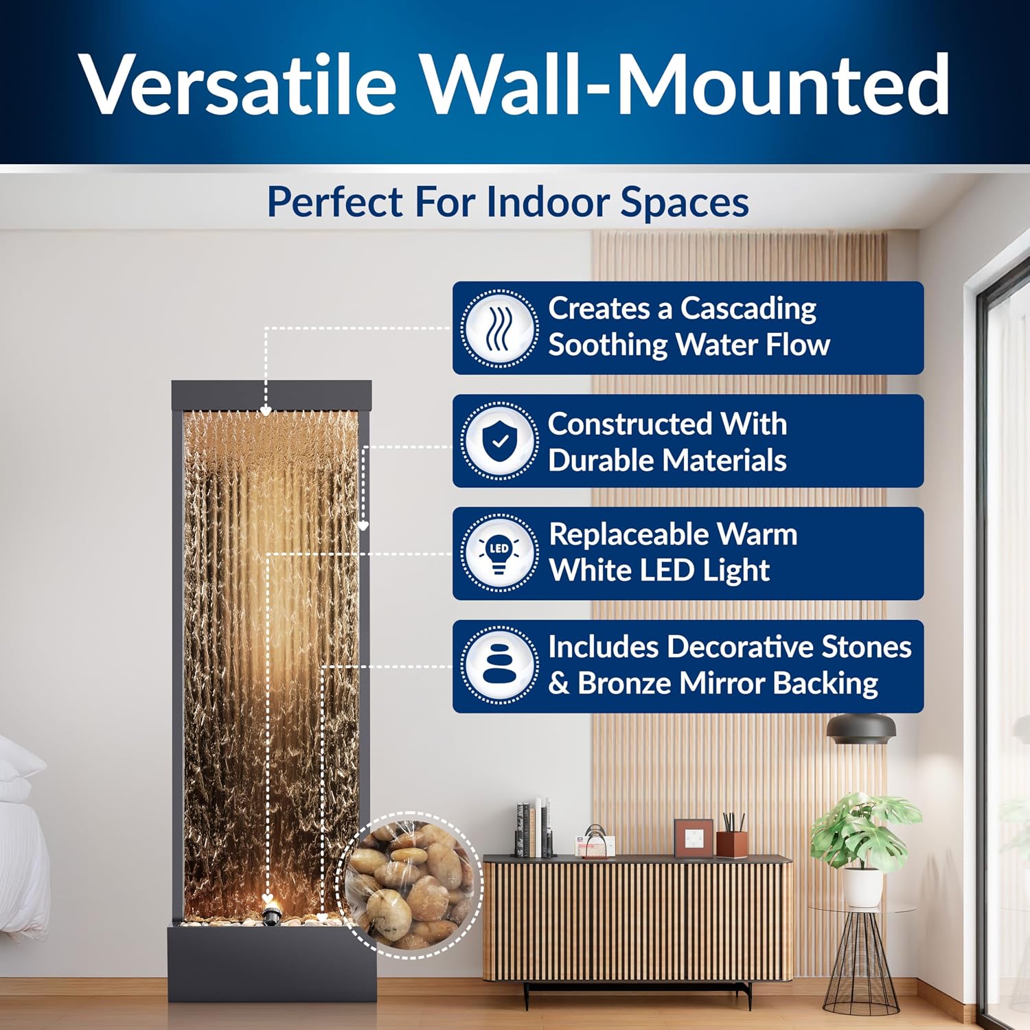 Alpine Corporation 72' Tall Indoor/Outdoor Mirror Waterfall Floor Fountain, LED Lights & River Stones, Elegant Bronze Finish for Home, Office, Patio & Entryway Decor
