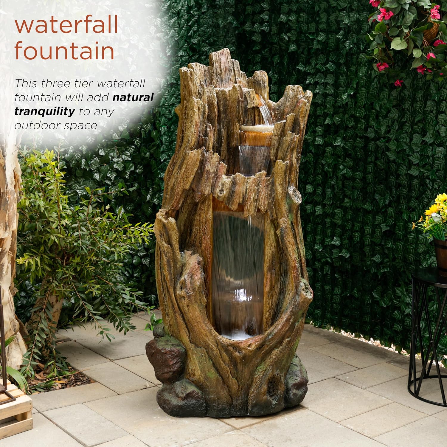 Alpine Corporation TZL338 Outdoor 3 Tier Waterfall Tree Trunk Floor Fountain with LED Lights for Patio, and Lawn Decor, 59 Inches Tall