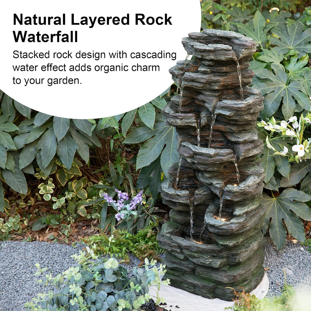 Glitzhome Outdoor Water Fountain, 9-Tiered Rock Floor Fountain with Cascading Water, 39.25' H Polyresin Waterfall Fountain with Pump and LED Light Outdoor Water Feature for Garden Yard Patio Porch