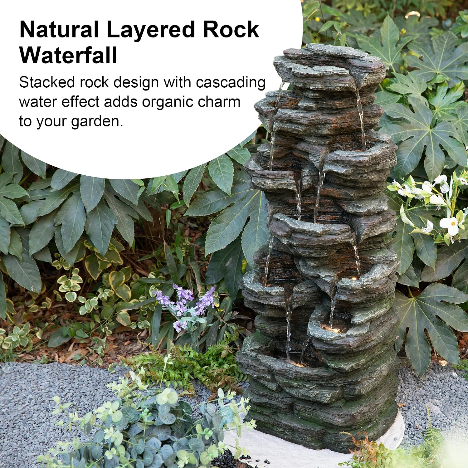 Glitzhome Outdoor Water Fountain, 9-Tiered Rock Floor Fountain with Cascading Water, 39.25' H Polyresin Waterfall Fountain with Pump and LED Light Outdoor Water Feature for Garden Yard Patio Porch