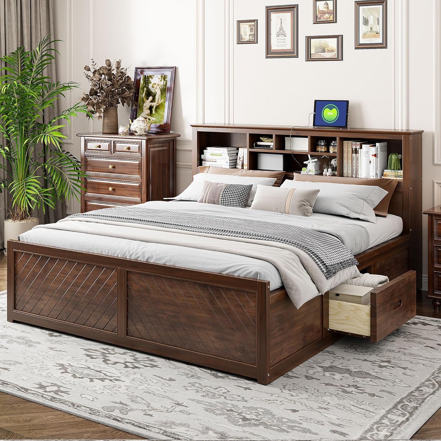 VilroCaz Wood King Size Platform Bed with Storage Headboard and USB Port, Modern Platform Bed Captain's Bed Frame with 2 Drawers, Sturdy Slats Support, Maximize Space (Antique Wood-M4)