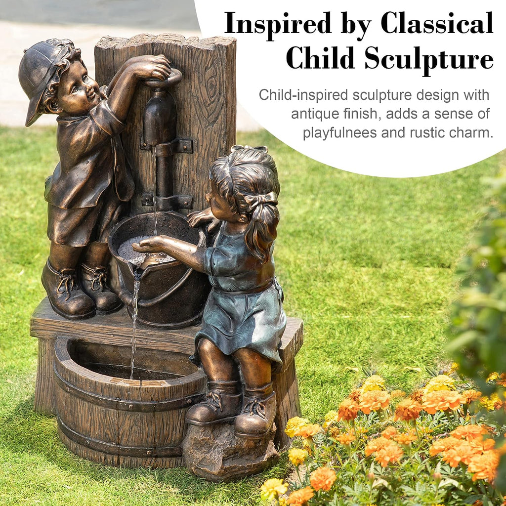 Glitzhome Outdoor Water Fountain with LED Light, Children Playing with Faucet Waterfall Fountains, Antique Bronze Resin Boy and Girl Statue Outdoor Waterfall Fountain for Patio Backyard Garden, 25'H