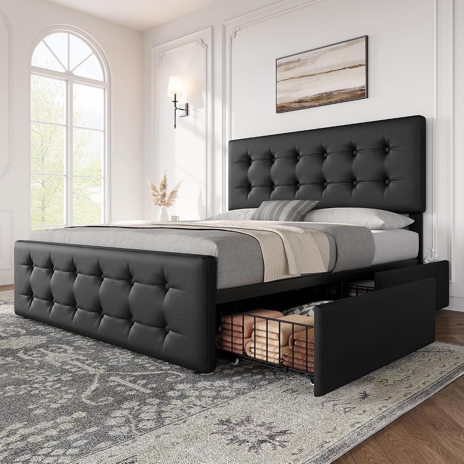 IDEALHOUSE Queen Size Bed Frame with 4 Storage Drawers and Headboard, Faux Leather Upholstered Platform Bed Frame with Wooden Slats Support, Button Tufted Design, No Box Spring Needed, Black