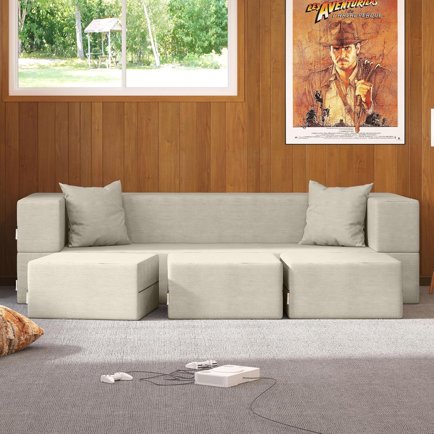 Jaxx Zipline Convertible Sleeper Sofa & Three Ottomans/California King-Size Bed, Textured Microvelvet - Ivory