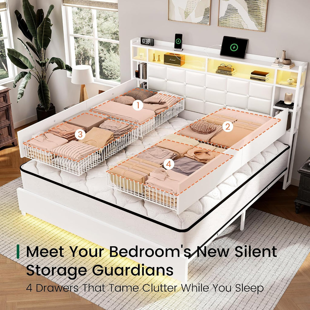 LARMACE Queen Size Bed Frame with 4 Storage Drawers and Bookcase Headboard, Faux Leather Upholstered, Wooden Platform Bed Frame with Charging Station and LED Lights, No Box Spring Needed, White