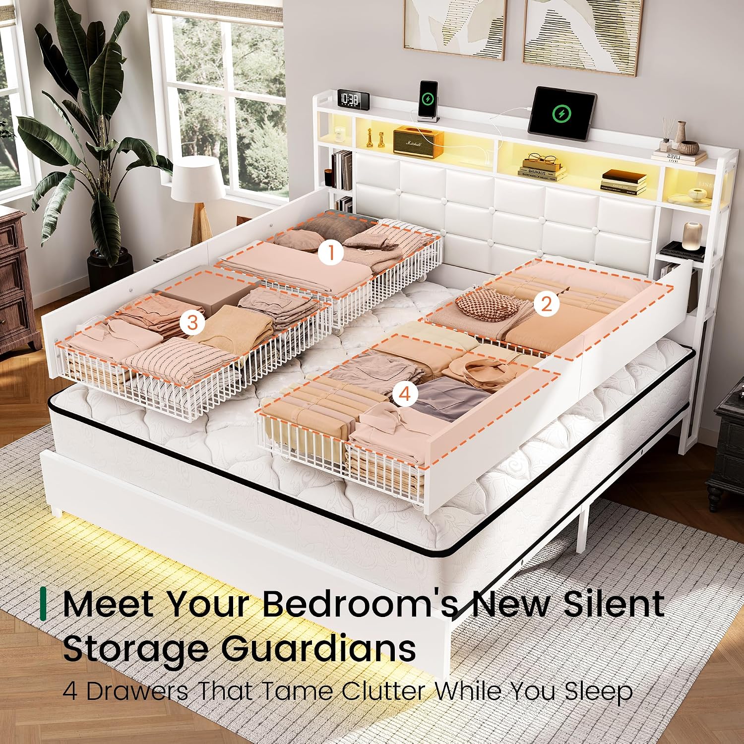 LARMACE Queen Size Bed Frame with 4 Storage Drawers and Bookcase Headboard, Faux Leather Upholstered, Wooden Platform Bed Frame with Charging Station and LED Lights, No Box Spring Needed, White