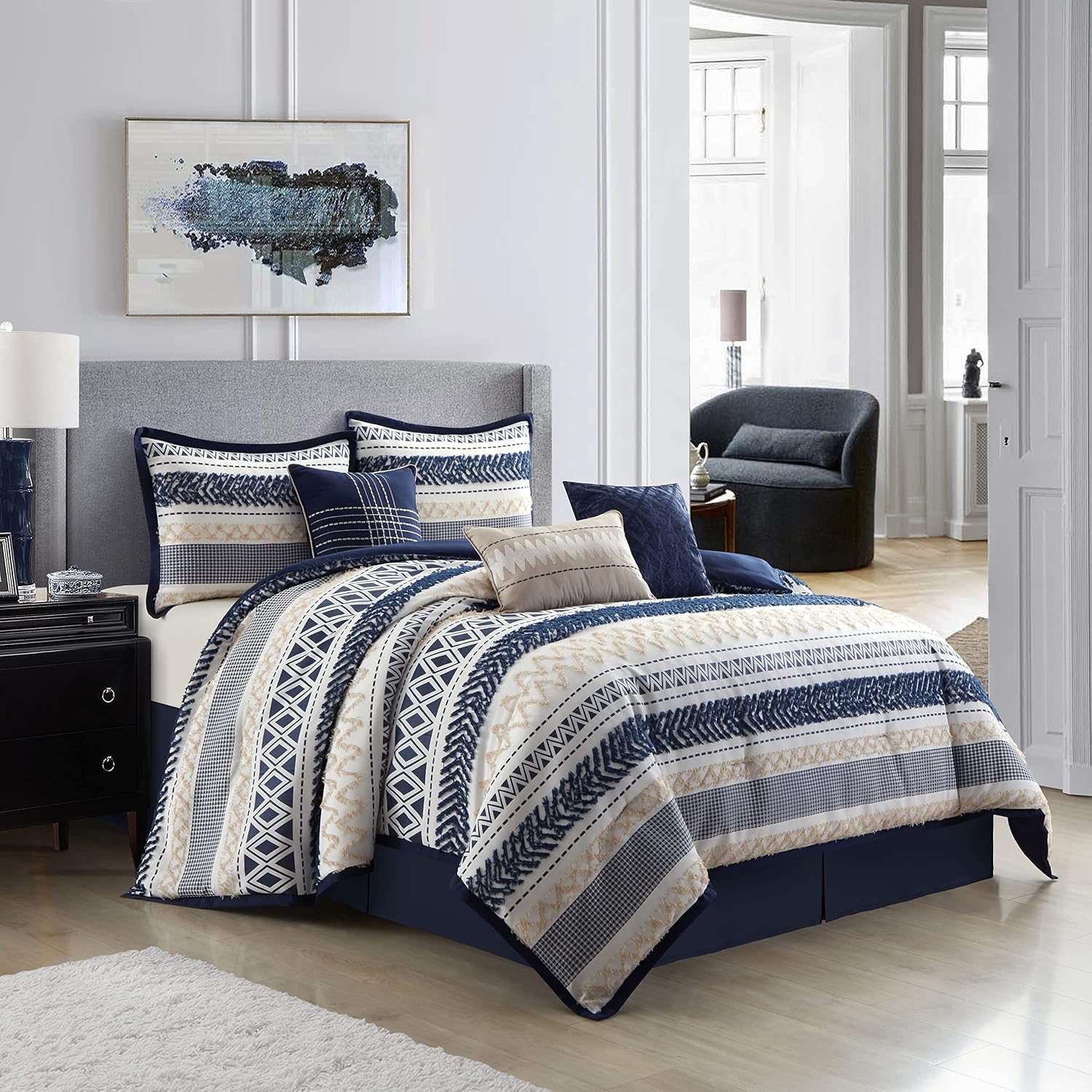 Startford Park Navy Striped California King Comforter Set, 7 Piece, Jacquard & Clip Geometric All Season Premium Bedding Set