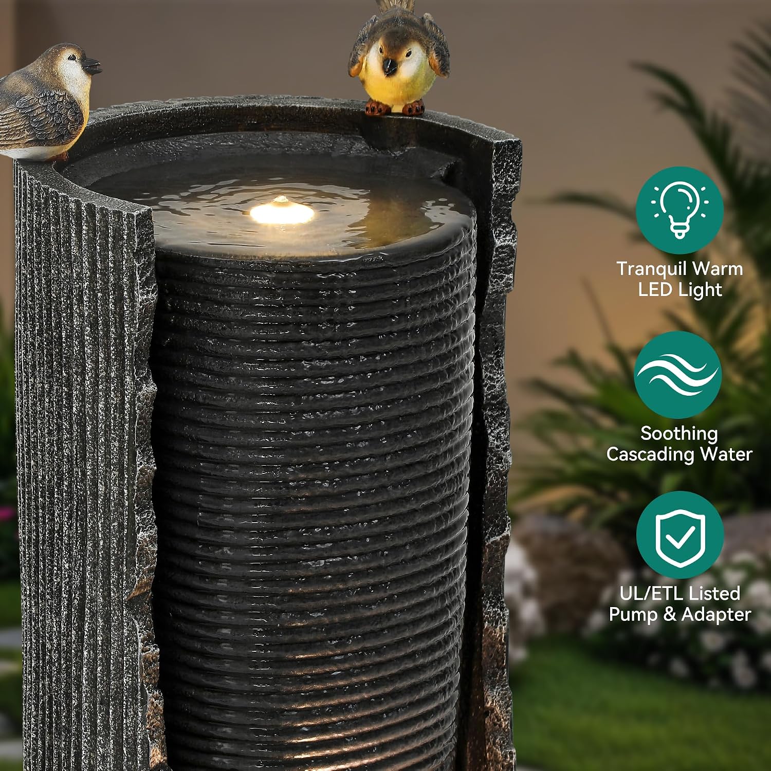 32' Rustic Cracked Jar Water Fountain Outdoor with LED Lights, Polyresin Freestanding Waterfall Feature, Tranquil Oasis for Garden, Patio, Yard, or Porch