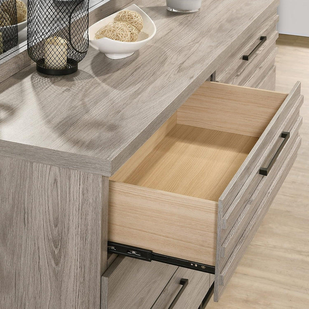 Roundhill Furniture Alvear Upholstered Wood Panel Bed, Dresser, Mirror, Nightstand, and Chest, Queen