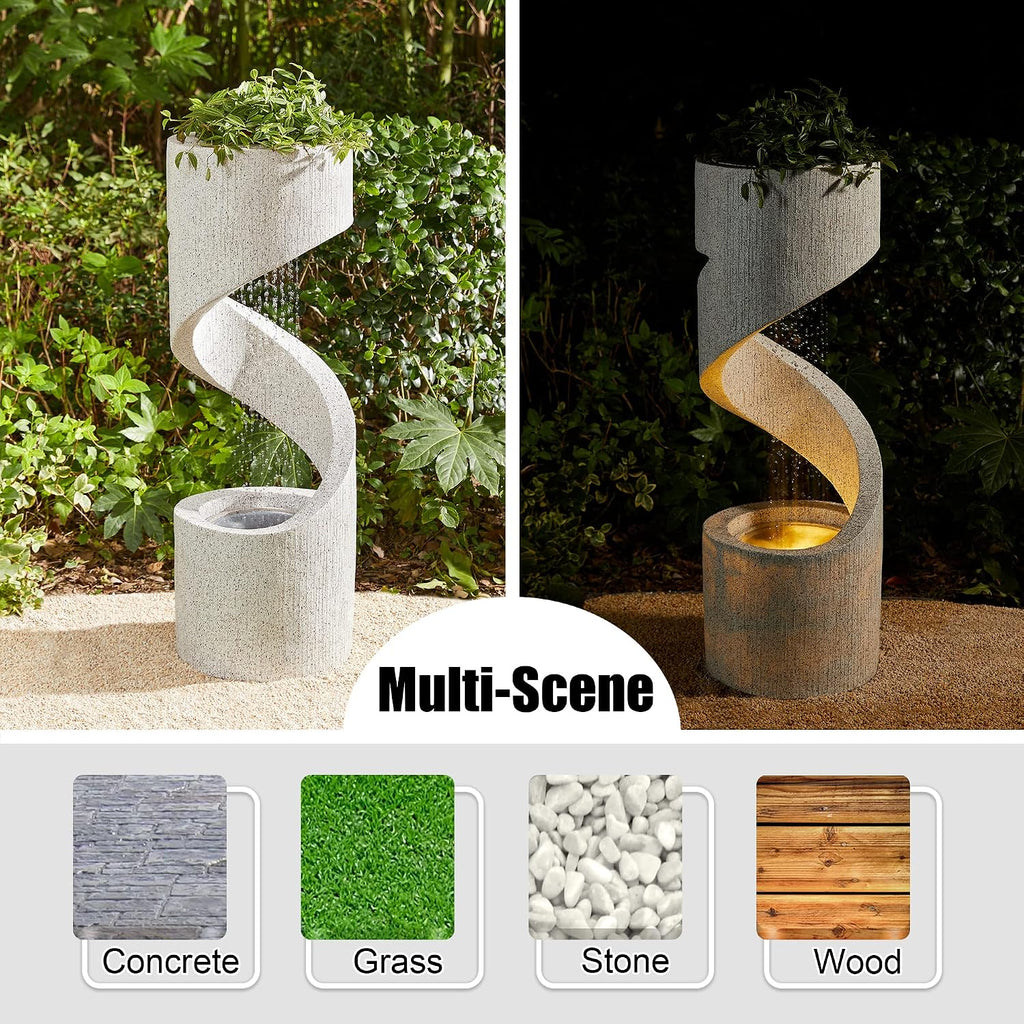 Glitzhome Outdoor Water Fountain with LED Light, Modren Curved Waterfall Fountain with Stone Planter, Faux Terrazzo Spiral Shaped Outdoor Fountains Water Feature for Garden Patio Deck Porch, 40.25'H