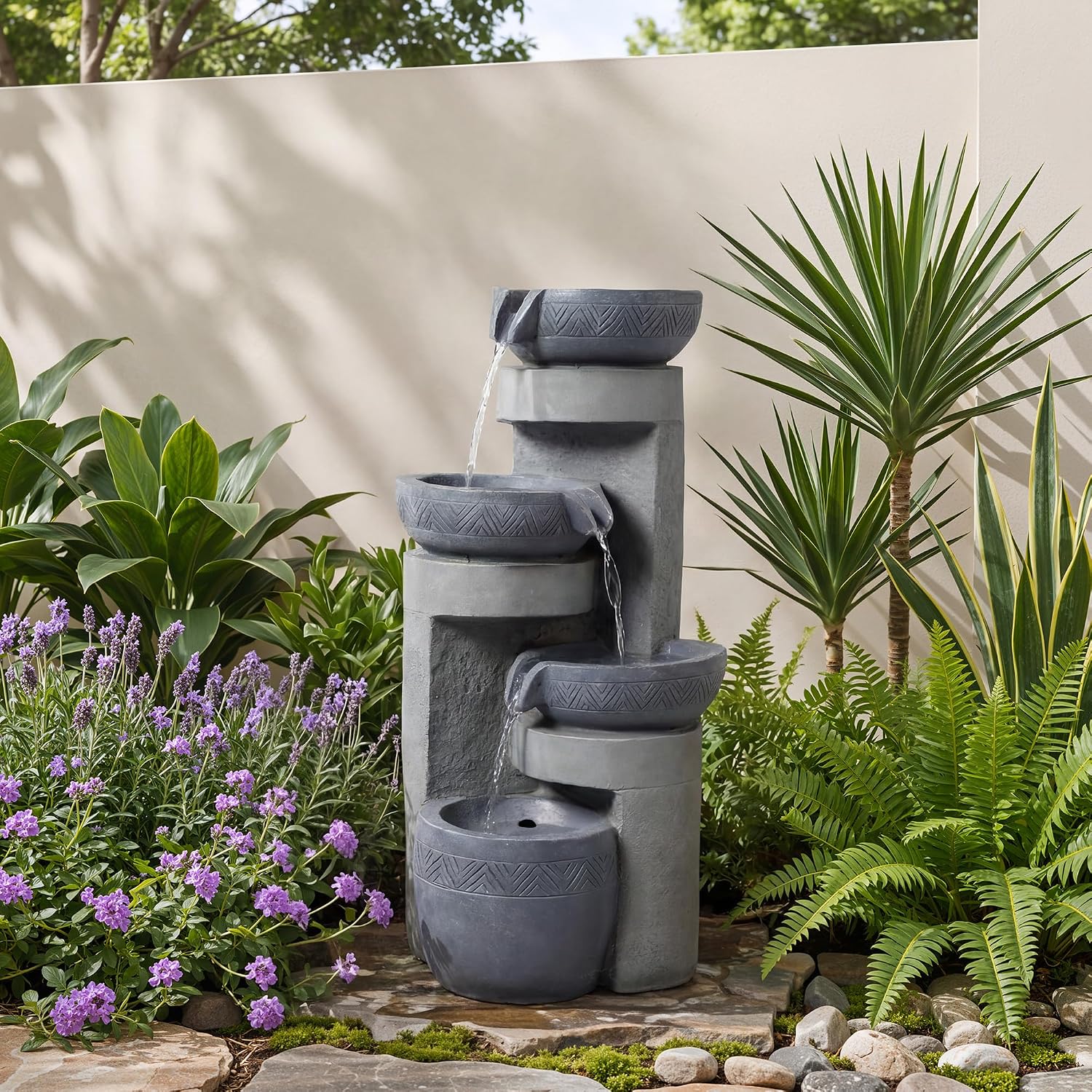 31.5' Tall Outdoor Water Fountain, 4 Tier Cascading Bowls and Stacked Water Fountain with LED Lights, for Yard Décor, Backyard, Patio and Deck (31.5'')
