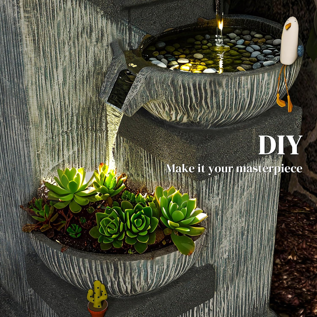 Outsunny 33.5' Tall Outdoor Water Fountain, 4-Tier Floor Standing Resin Cascading Bowls Waterfall Fountain with LED Lights, Pump for Garden, Patio, Backyard
