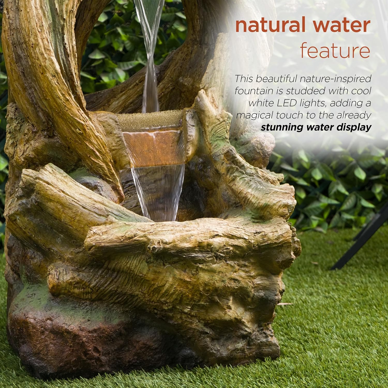 Alpine Corporation 40' Tall Open Tree Trunk Floor Fountain with Cool White LED Lights, Tiered Garden Decor, Brown