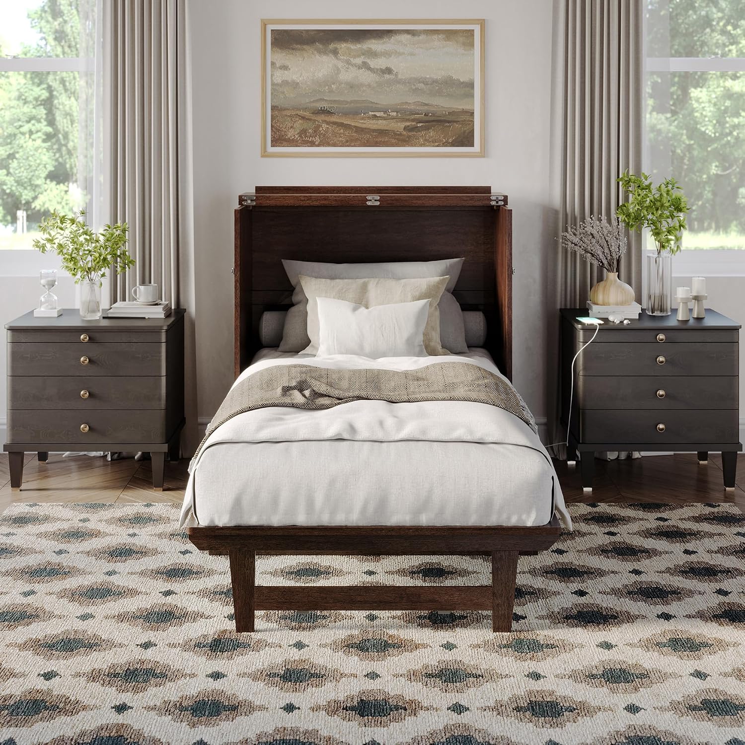 AFI, Northfield Murphy Bed Chest Twin XL with 6' Mattress, Storage Drawer & Built-in USB Charger, Burnt Amber