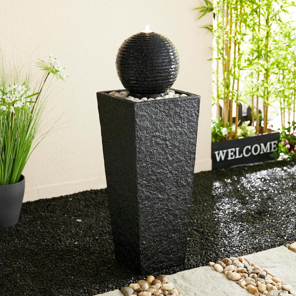 Glitzhome Outdoor Water Fountain with LED Light, Oversized Decorative Black Pedestal Water Fountains with Submersible Pump, Modern Sphere Floor Fountain with Pebbles for Garden Patio Decor, 40.25' H