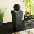 Glitzhome Outdoor Water Fountain with LED Light, Oversized Decorative Black Pedestal Water Fountains with Submersible Pump, Modern Sphere Floor Fountain with Pebbles for Garden Patio Decor, 40.25' H