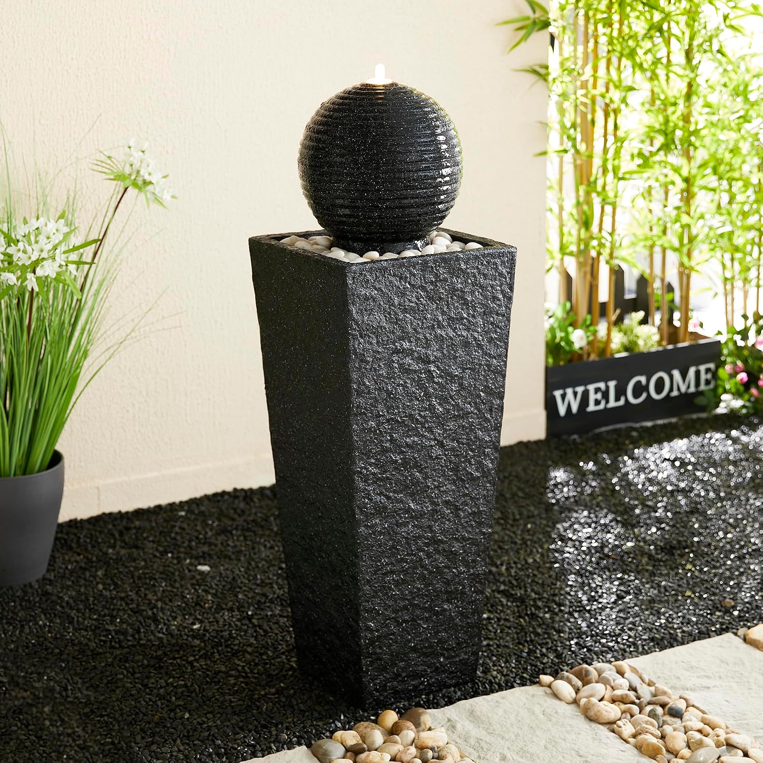 Glitzhome Outdoor Water Fountain with LED Light, Oversized Decorative Black Pedestal Water Fountains with Submersible Pump, Modern Sphere Floor Fountain with Pebbles for Garden Patio Decor, 40.25' H