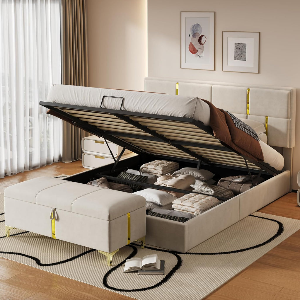 JIVOIT Elegant Design 2-Pieces Bedroom Sets, Queen Size Upholstered Platform Bed with Hydraulic Storage System, Upholstered Storage Ottoman with Metal Legs, Space Saving Design (Beige,Sets,5)