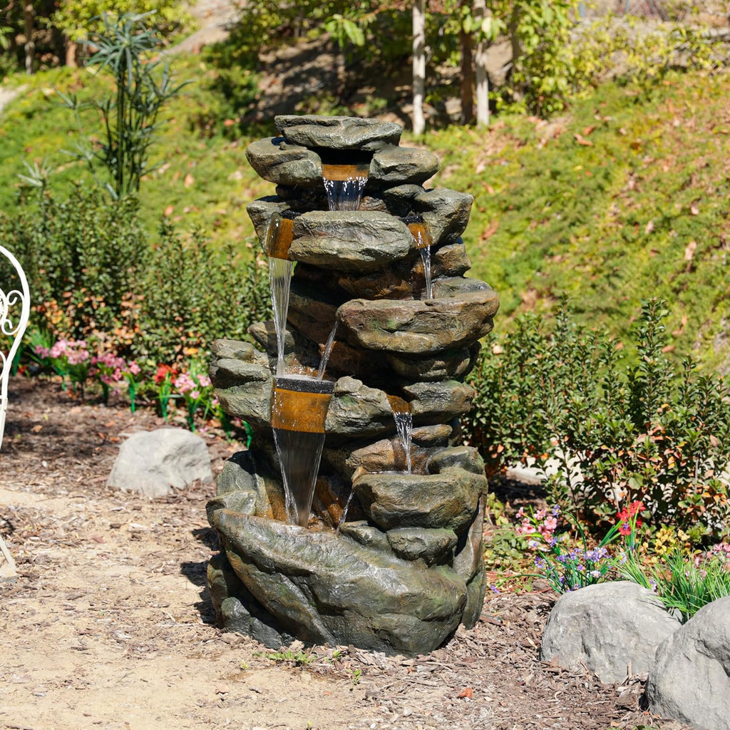 Alpine Corporation 51' Tall 6-Tier Outdoor Rainforest Waterfall Floor Fountain, Weather-Resistant Design with Color-Changing LED Lights & Remote Control, Gray