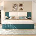 Merax Queen Size Bed Frame, Linen Upholstered Platform Bed with Large PU Leather Headboard and Shelf, Modern Bedroom Furniture & Solid Wood Slats Support, No Box Spring Needed, Easy Assembly, Green