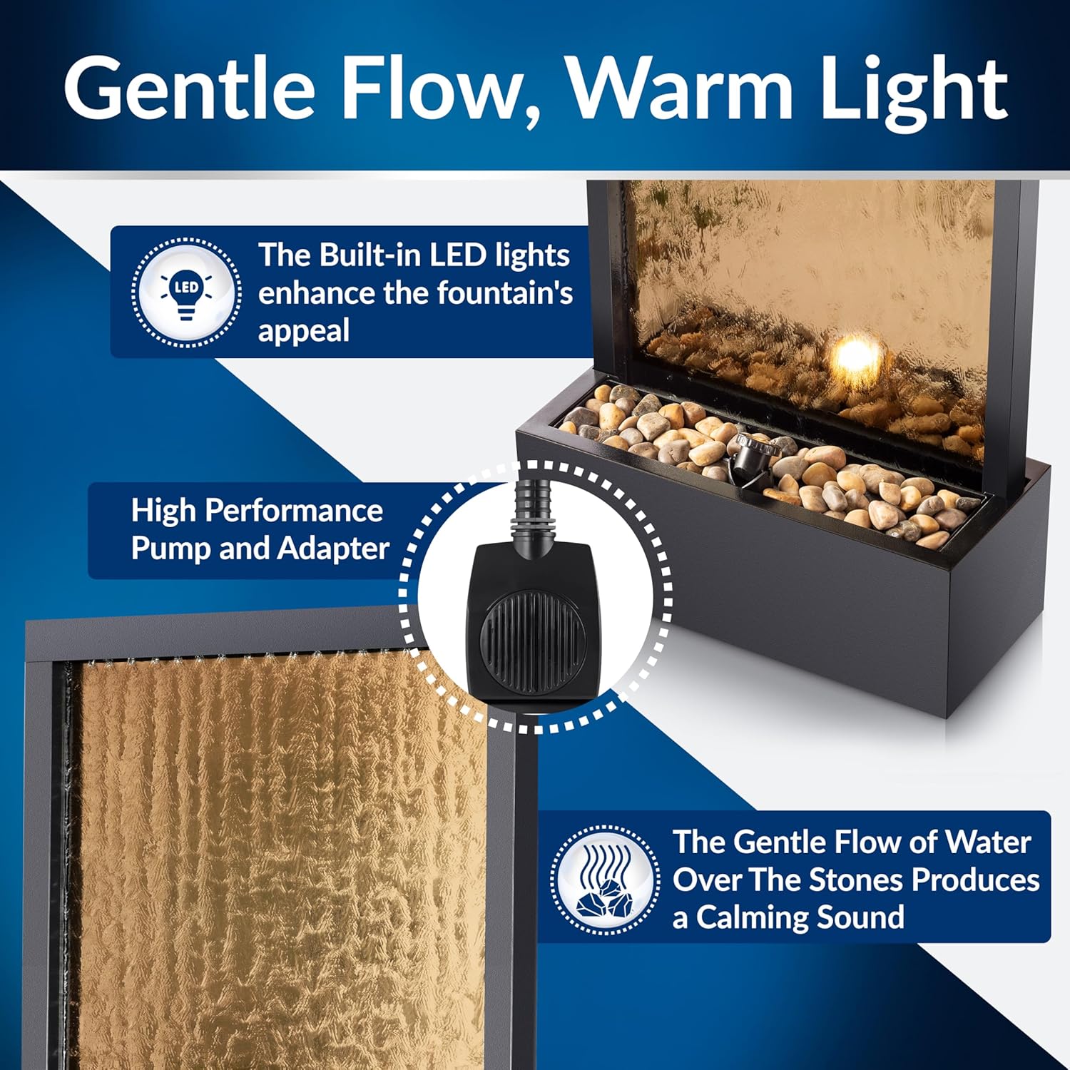 Alpine Corporation 72' Tall Indoor/Outdoor Mirror Waterfall Floor Fountain, LED Lights & River Stones, Elegant Bronze Finish for Home, Office, Patio & Entryway Decor