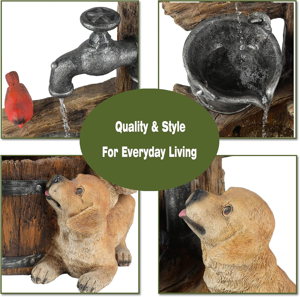 LuxenHome Water Fountain Outdoor, 30' Rustic Outdoor Water Fountain with LED Lights, Rustic Barrel Puppy and Pump Water Feature Outdoor, Garden Fountains Outdoor Patio, Porch, or Indoor Entryway
