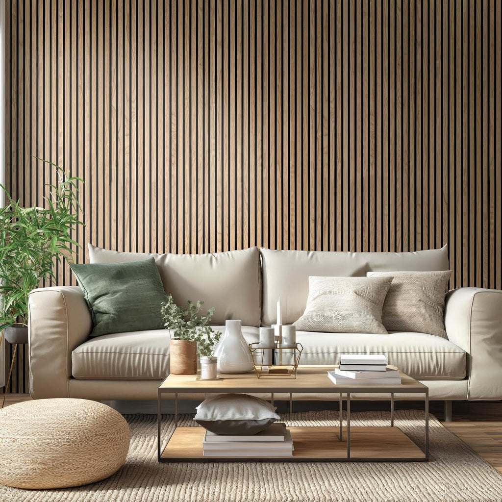 MSI 4-Pack Acoustic Wood Slat Wall Panels for Interior Decor, 3D Fluted Sound Absorbing Wood Paneling for Accent Wall Ceiling Kitchen Living Room Bedroom, Eco-Friendly MDF - 9.5 in. x 120 in. -Natural