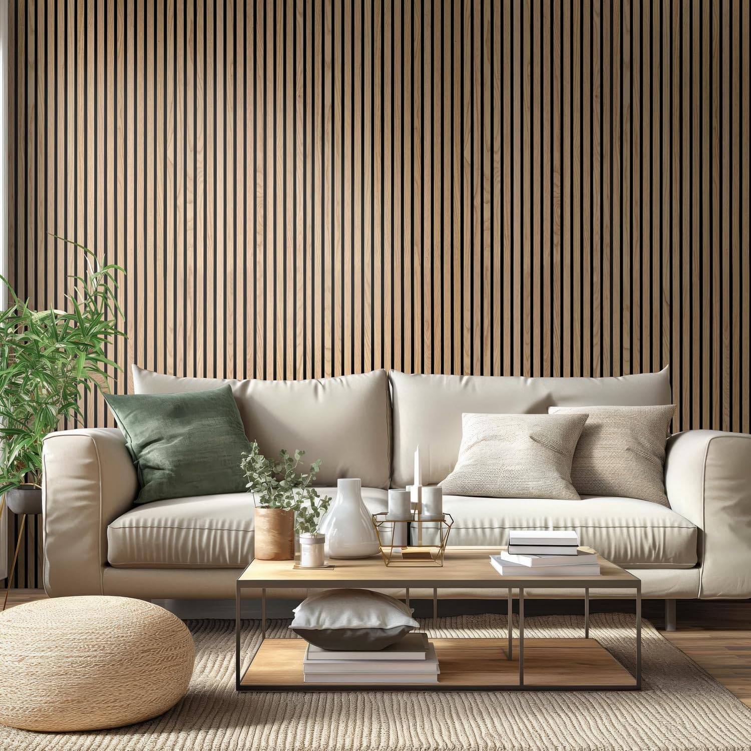 MSI 4-Pack Acoustic Wood Slat Wall Panels for Interior Decor, 3D Fluted Sound Absorbing Wood Paneling for Accent Wall Ceiling Kitchen Living Room Bedroom, Eco-Friendly MDF - 9.5 in. x 120 in. -Natural