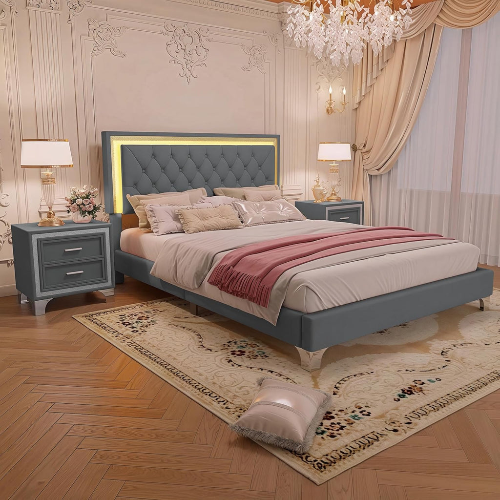 GDFStudio Homay 3-Piece Bedroom Sets, Queen Size Upholstered Platform Bed with Two Nightstands, Upholstered Velvet Bed Frame, Adjustable Headboard, Slat Support, No Spring Box Needed, 44-46'' H, Gray