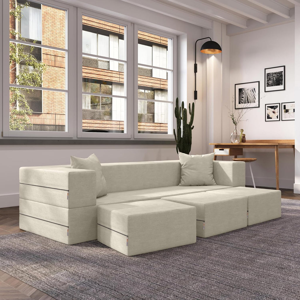 Jaxx Zipline Convertible Sleeper Sofa & Three Ottomans/California King-Size Bed, Textured Microvelvet - Ivory
