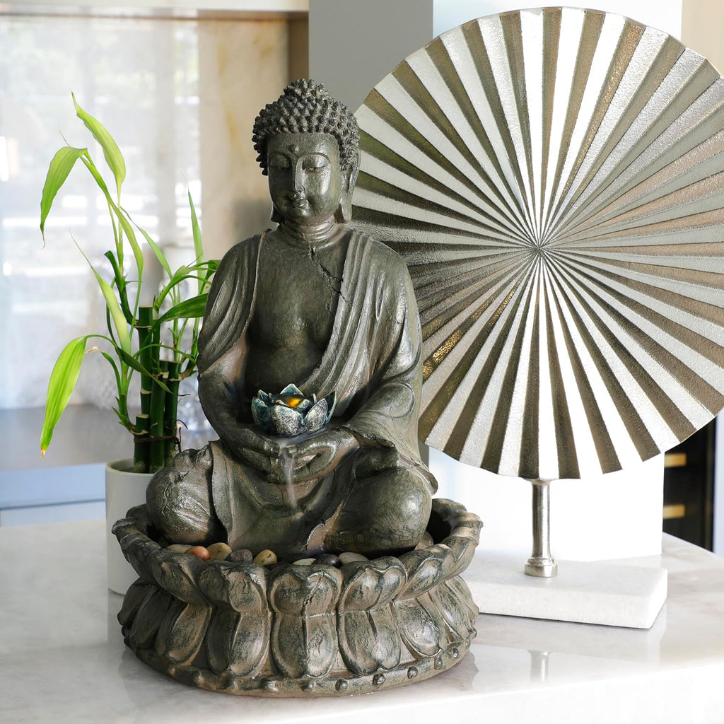 Alpine Corporation GEM178 Indoor Tabletop Meditating Buddha Water Fountain with LED Lights and Lotus Flower, 19', Beige