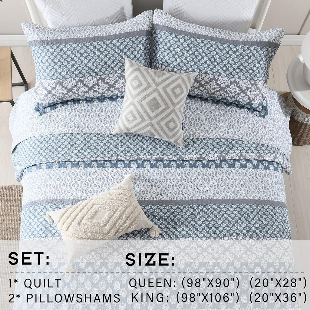 PERHOM Quilt King Size - 100% Long-Staple Cotton Lightweight King Quilt Set, Blue Gray Striped Bedding Set for King Bed, Farmhouse Floral Patchwork Reversible Bedspreads All Seasons, 3 Pieces
