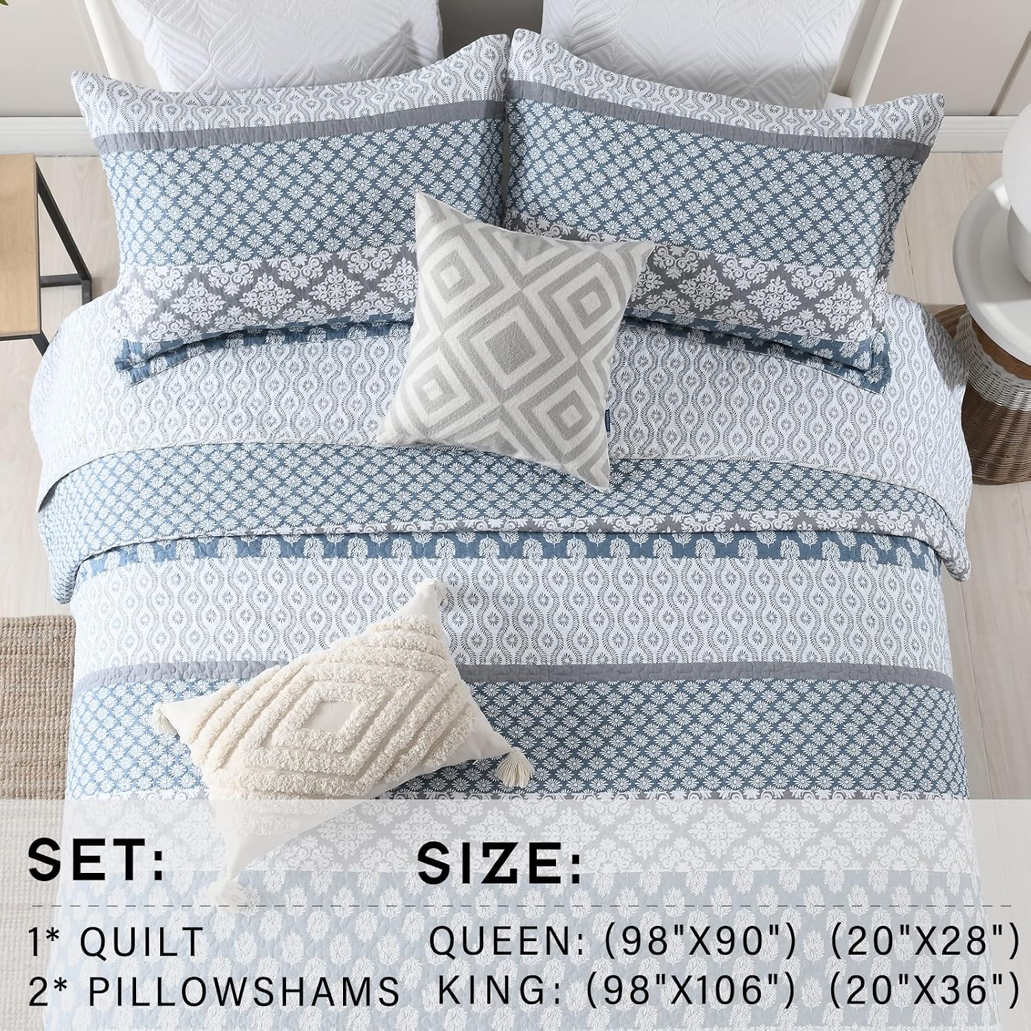 PERHOM Quilt King Size - 100% Long-Staple Cotton Lightweight King Quilt Set, Blue Gray Striped Bedding Set for King Bed, Farmhouse Floral Patchwork Reversible Bedspreads All Seasons, 3 Pieces