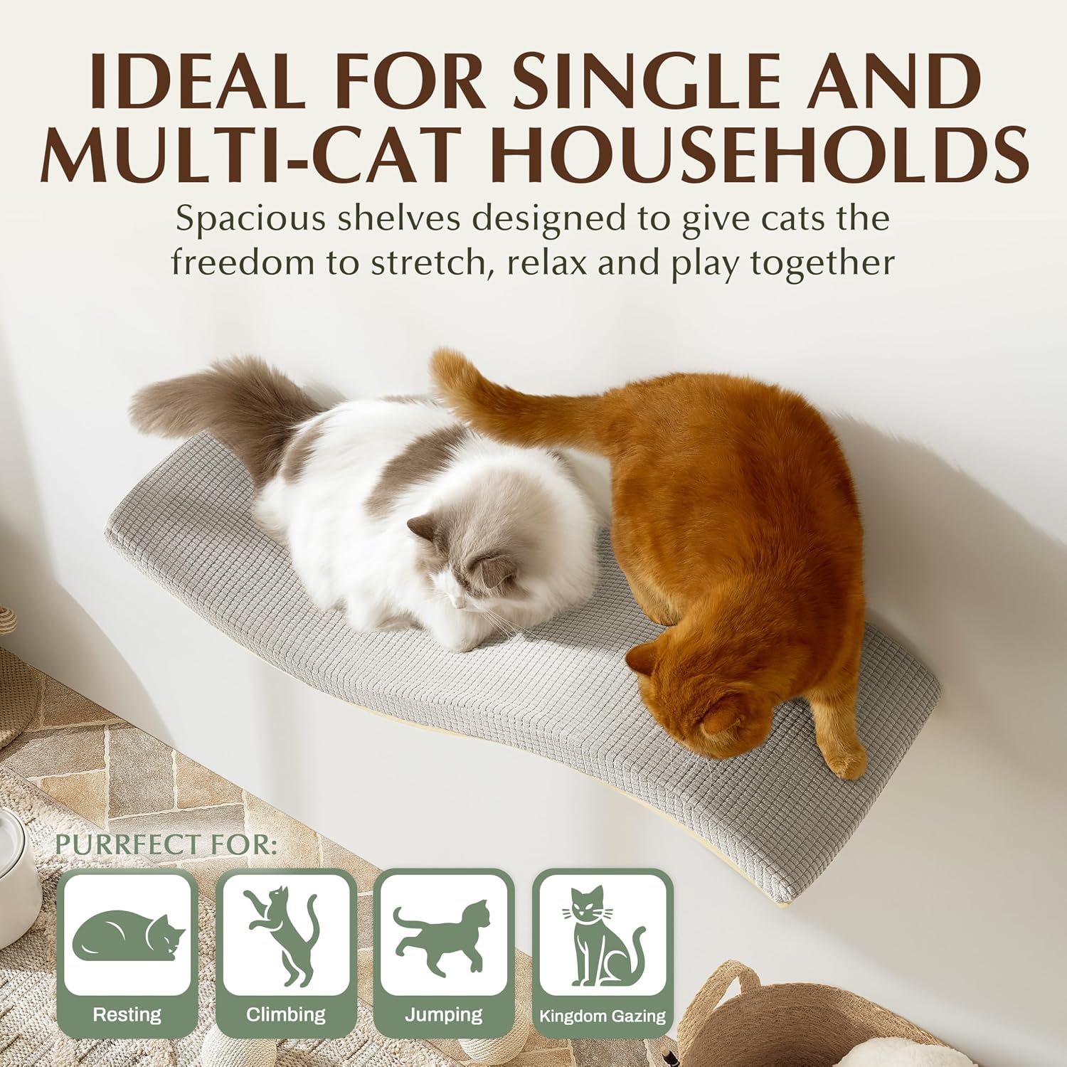 Extra Large 35.4' × 11.6' Stylish Cat Wall Shelves with Soft Cushion, Modern Wall-Mounted Cat Tree Furniture & Perch, Sturdy/Hidden Mounts, Machine Wash Cover, Sleek Design- CALLICO HAVEN Wave S-Shape