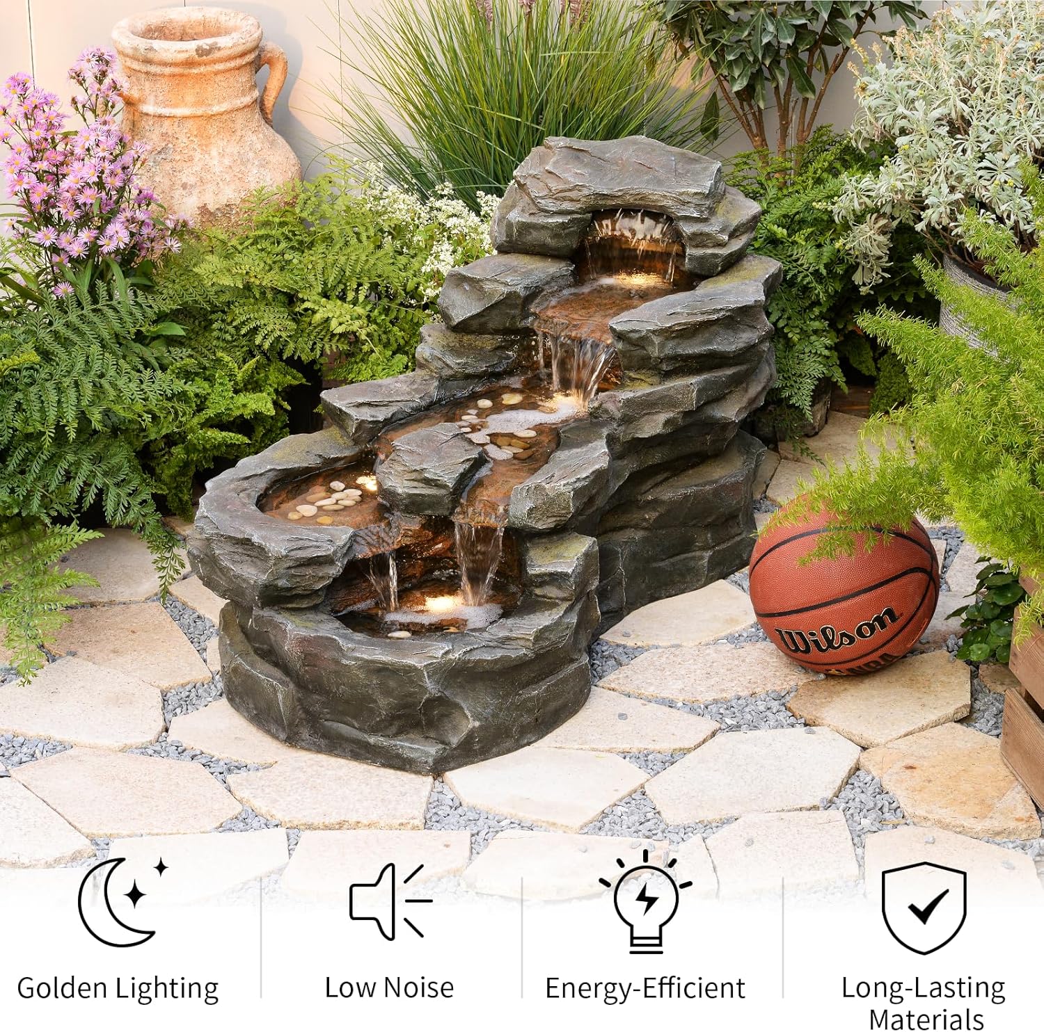 37' L Garden Outdoor Water Fountain, Floor Standing 5-Tiers Rock Natural Waterfall Outdoor Fountains with LED Lights for Patio, Porch, Home Art Decor