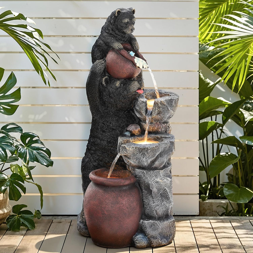 37.5' H Resin Playful Twin Bear Fountain Outdoor, Whimsical Multi-Tiered Stone Vessel Water Feature Outdoor with Lights, Soothing Cascading Waterfall for Patio, Backyard, Garden or Porch