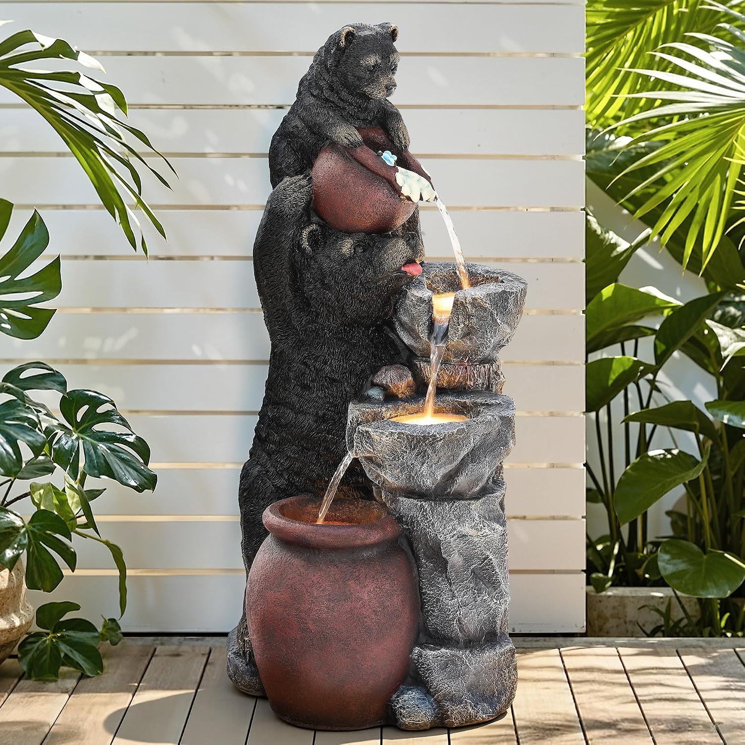 37.5' H Resin Playful Twin Bear Fountain Outdoor, Whimsical Multi-Tiered Stone Vessel Water Feature Outdoor with Lights, Soothing Cascading Waterfall for Patio, Backyard, Garden or Porch