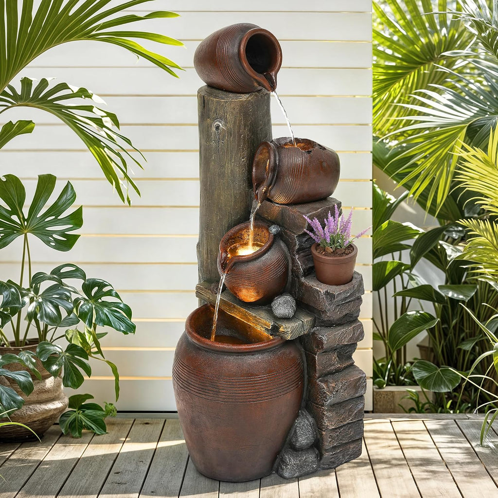 40' H Oversized Outdoor/Indoor Water Fountain with LED Lights and Pump, Cascading Pitchers Farmhouse Garden Fountain Waterfall for Patio, Porch, or Yard