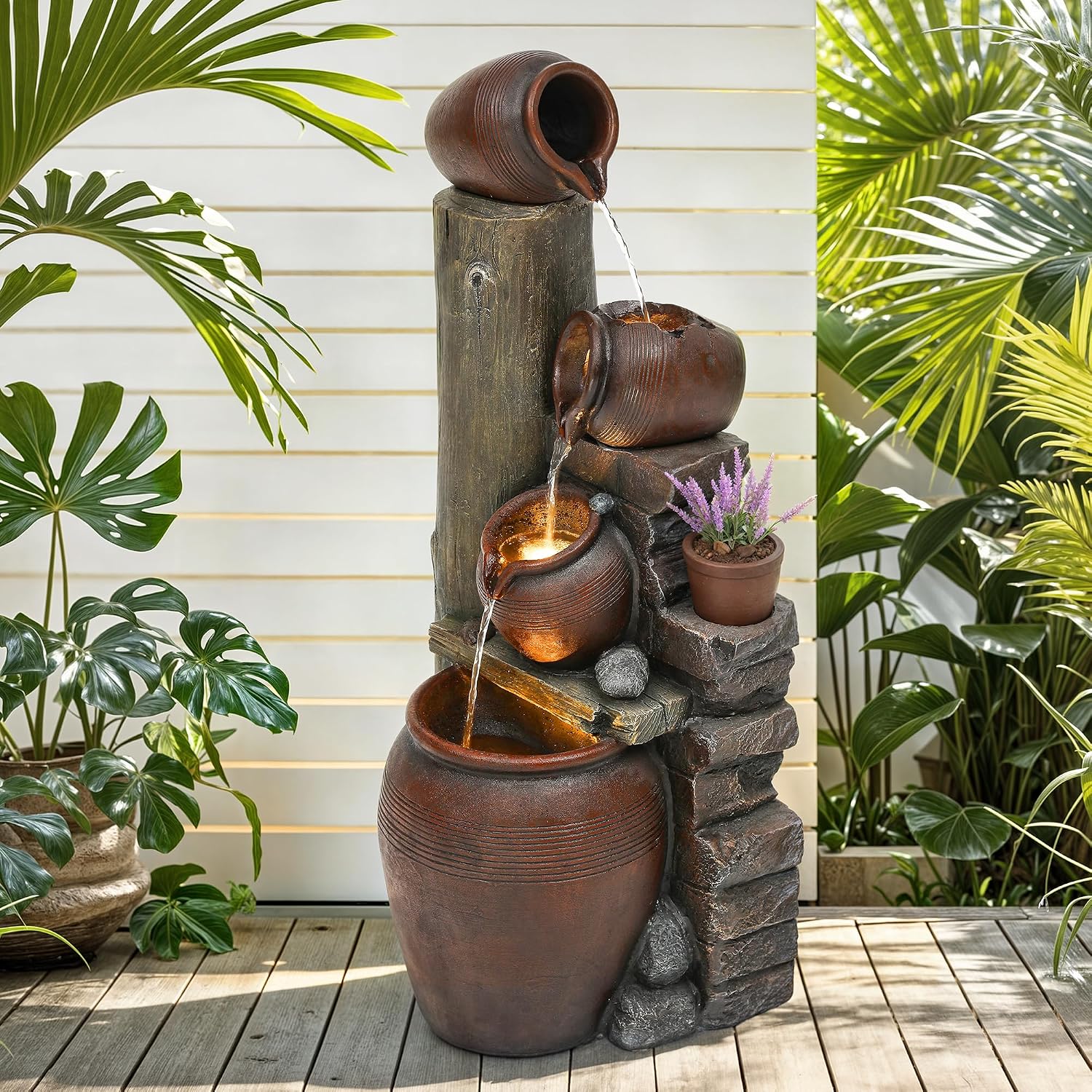 40' H Oversized Outdoor/Indoor Water Fountain with LED Lights and Pump, Cascading Pitchers Farmhouse Garden Fountain Waterfall for Patio, Porch, or Yard