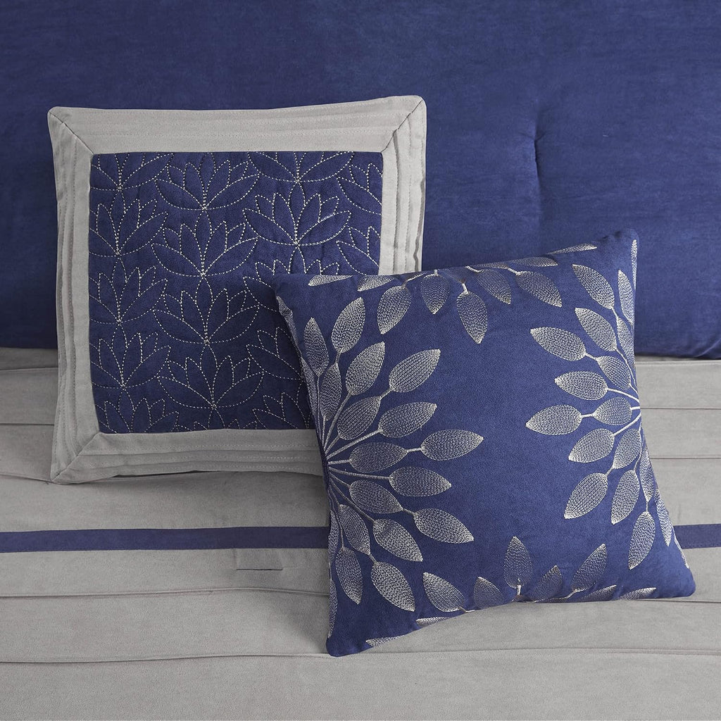Madison Park Cozy Comforter Set-Luxury Faux Suede Design, Striped Accent, All Season Down Alternative Bedding, Matching Shams, Decorative Pillow, Blue, California King (104 in x 92 in)