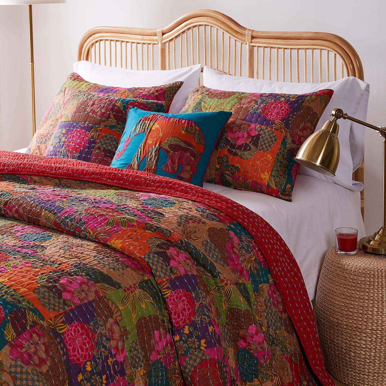 Greenland Home Jewel 100% Cotton Kantha Quilted Reversible Bedding Set, Twin (4 Piece), Red