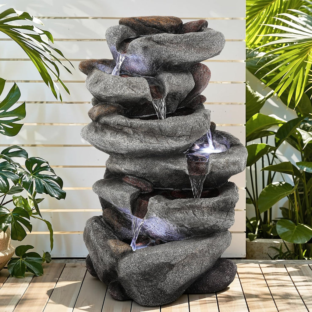20' H Outdoor Water Fountain with LED Lights, 5-Tier Rock Outdoor Fountain with Pump,Polyresin Cascading Freestanding Waterfall Feature for Tranquil Garden, Patio or Porch