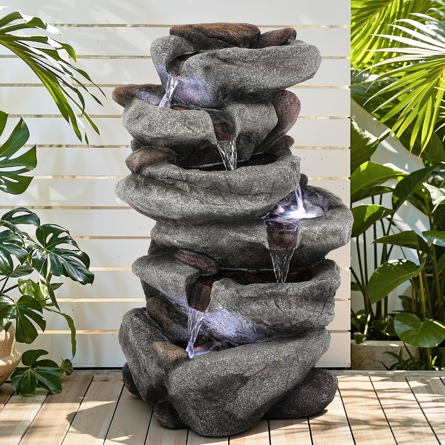 20' H Outdoor Water Fountain with LED Lights, 5-Tier Rock Outdoor Fountain with Pump,Polyresin Cascading Freestanding Waterfall Feature for Tranquil Garden, Patio or Porch
