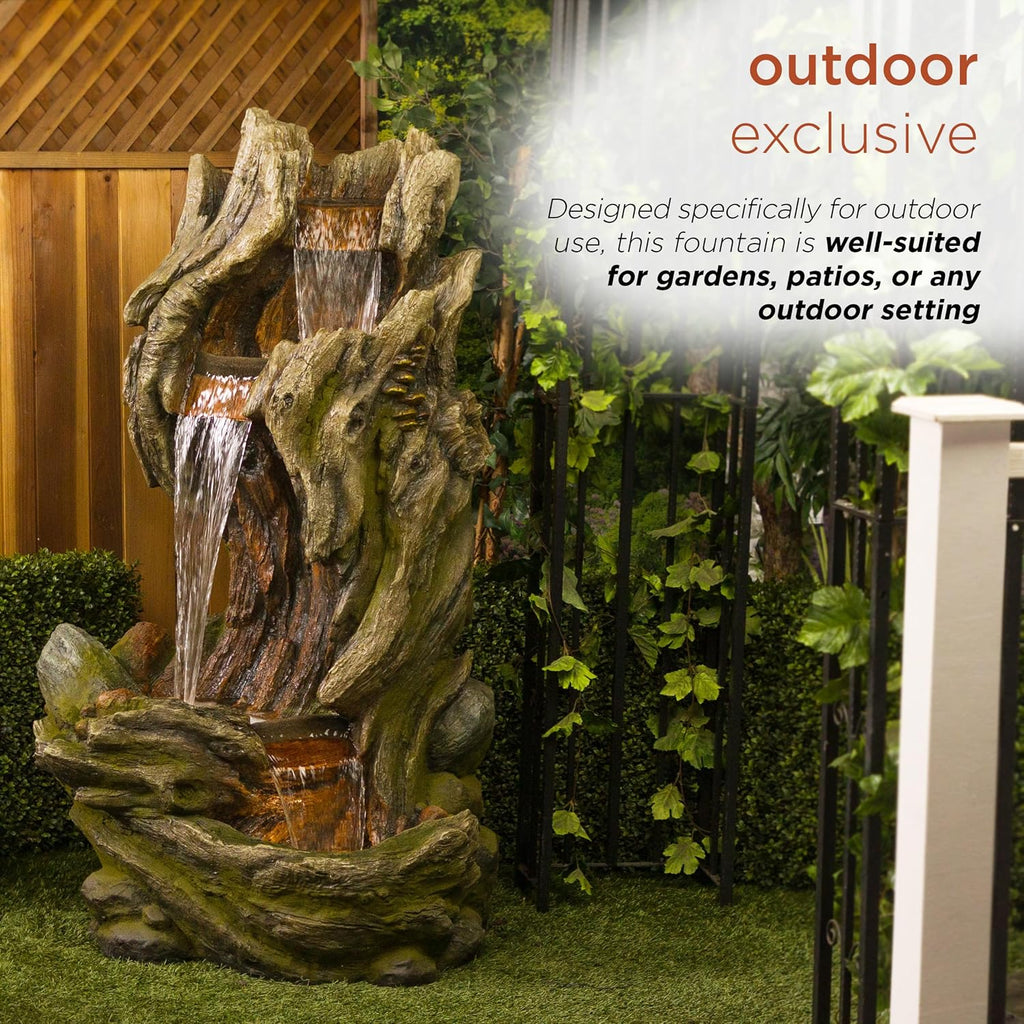 Alpine Corporation WIN1642 61' 3-Tier Log Water Fountain with Warm White LED Lights, Cascading Waterfall for Garden, Patio, & Lawn, Outdoor Water Feature
