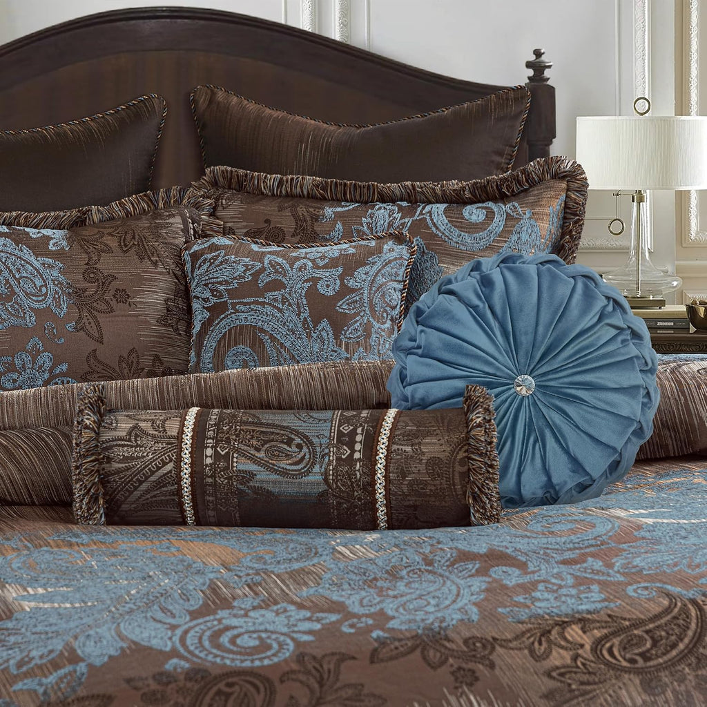 Loom and Mill 9-Piece Queen Comforter Set, Vintage Paisley Jacquard Comforter Sets Queen Size, All Season Soft Bedding Sets with Euro Shams, Bedskirt, Filled Decorative Pillow(Dark Brown+Blue, Queen)