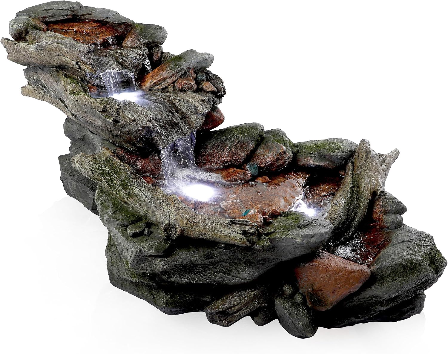 Alpine Corporation | 60'L Outdoor 3-Tier Rainforest Rock River Hand-Painted Water Fountain with LED Lights — Garden, Patio & Yard Décor