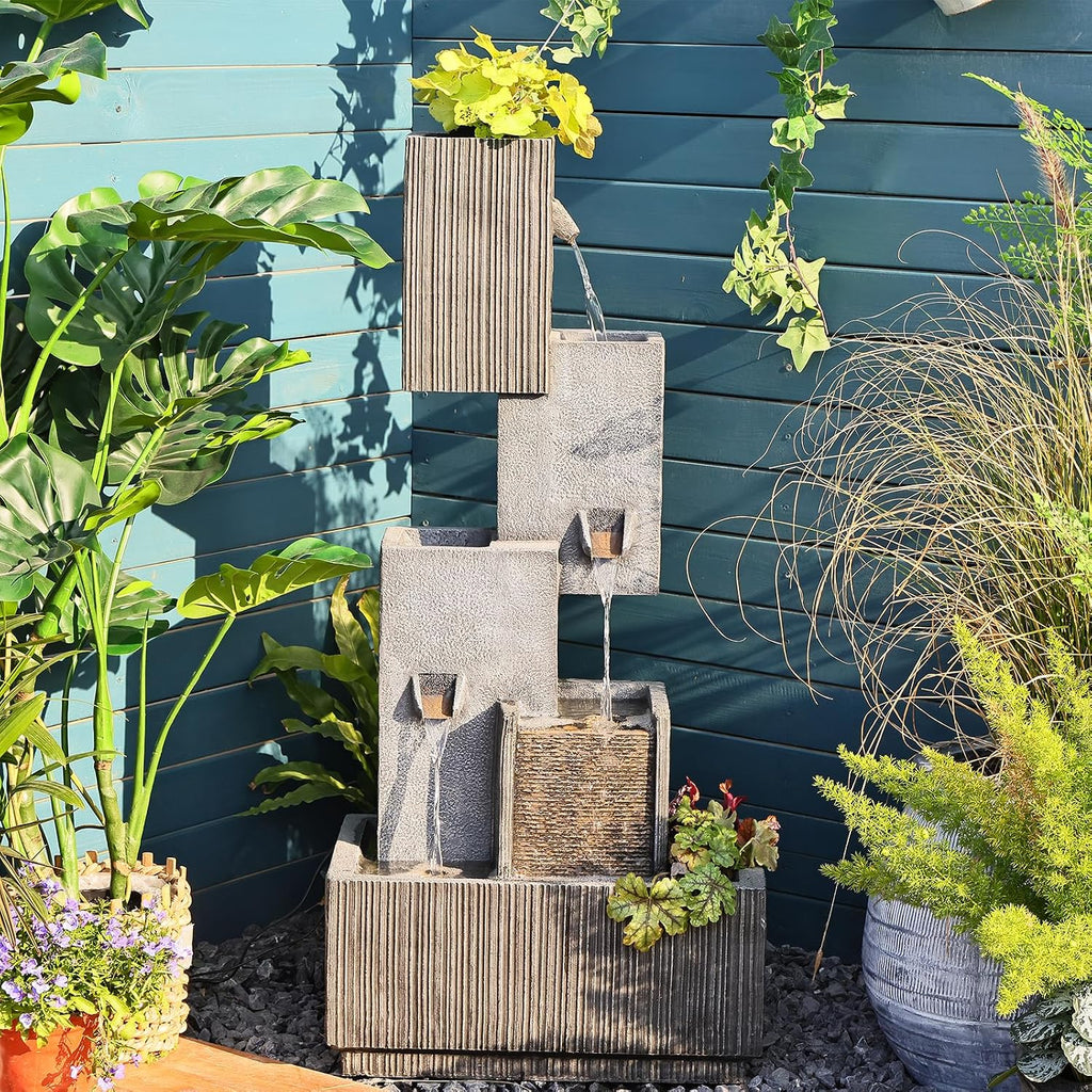 Tankana Tiered Water Fountain Outdoor Garden - Waterfall Patio Freestanding Cascade Fountains Concrete Artistry Modern Style with LED Lights for Yard Pool Home Decor, 41.5 inches Tall