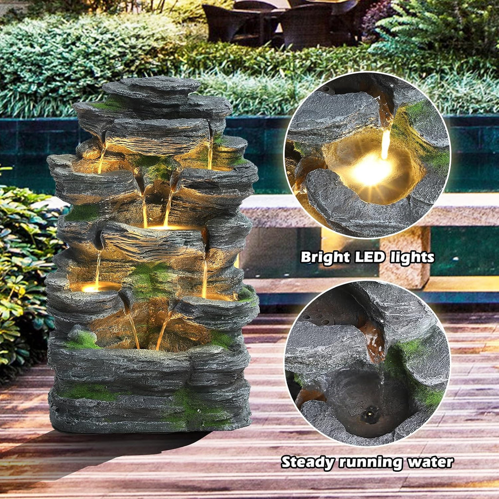 7 Tiers Cascading Rock Water Fountain with LED Lights, Outdoor Waterfall Fountain for Garden, Deck, Backyard, Patio, Porch, Natural Stone Look