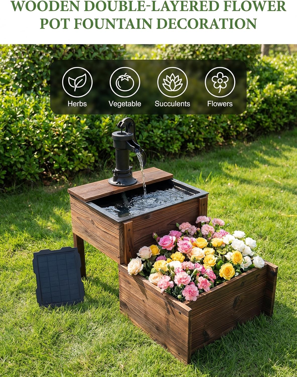 Outdoor Water Fountain, Floor Wooden Rectangular Double-Layer Old-Fashioned Hand Pump Fountain with Flower Box, Solar-Powered Electric Decorative Water Feature for Garden Patio Backyard
